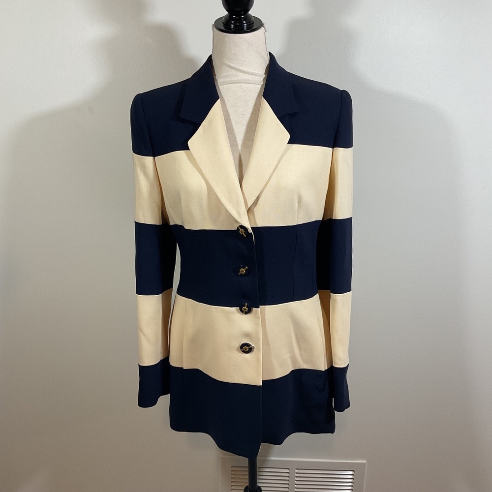 Louis Feraud Vintage Striped Pure Wool Blazer Navy Cream West Germany Size 10 US
